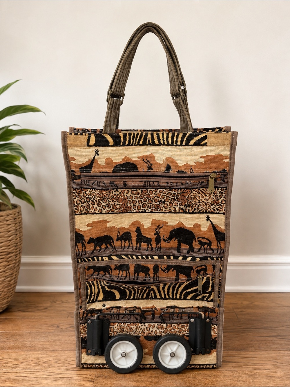 Safari Tapestry Rolling Tote in Brown and Tan